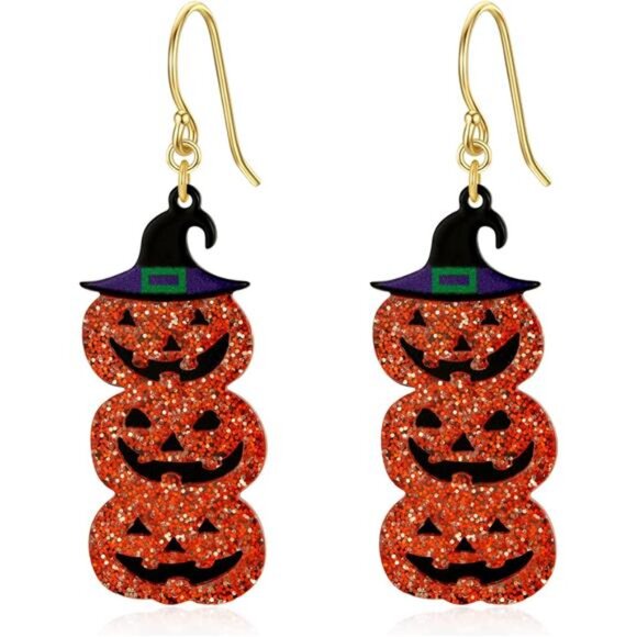 WOWORAMA Triple Pumpkin Dangle Earrings | Glitter Jack-O’-Lantern & Witch Hat - Picture 1 of 6